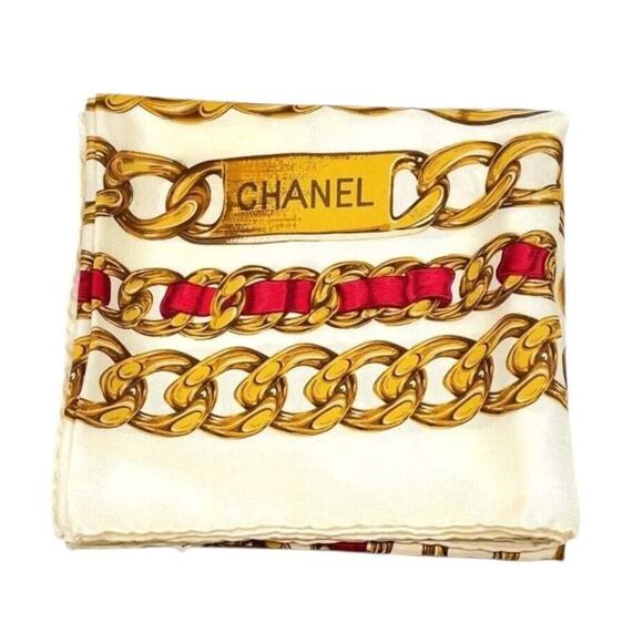 CHANEL Coco Mark Ivory x Multicolor Chain Pattern Square Silk Scarf /W Box - Picture 8 of 11